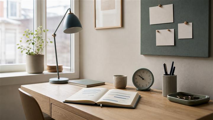 A quiet desk with a notebook, clock, and soft daylight